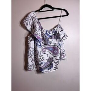 Women's medium loft one shoulder linen blend white purple blue Paisley shirt
